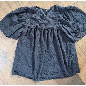 Black Swiss Dot Babydoll Blouse Crochet Lace Trim Puff Sleeve Top Small‎